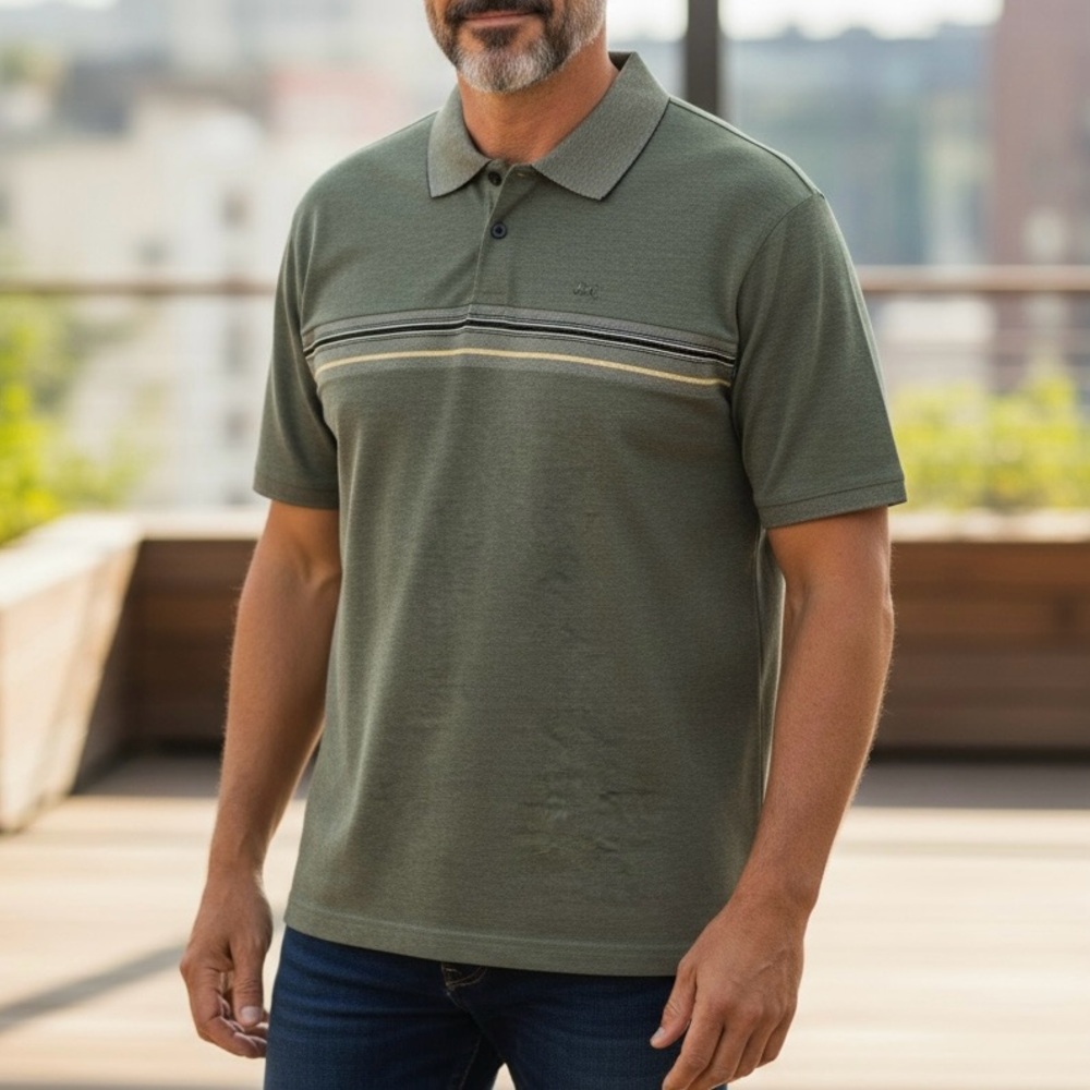 AXCESS Men's size large Gray/Olive Polo Shirt with Horizontal Stripe Detail